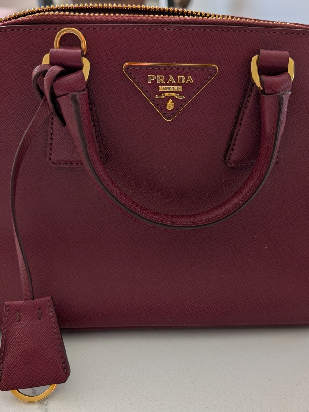 Prada Saffiano Leather Satchel Bag in Burgundy - Picture 2 of 5